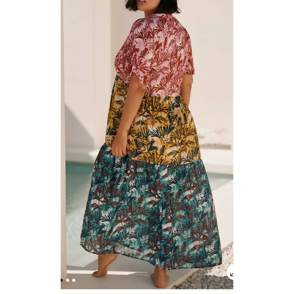 Celandine Women 3X Tropical Palm Print Tiered Maxi Dress Pink Yellow Teal V-Neck - Picture 2 of 6